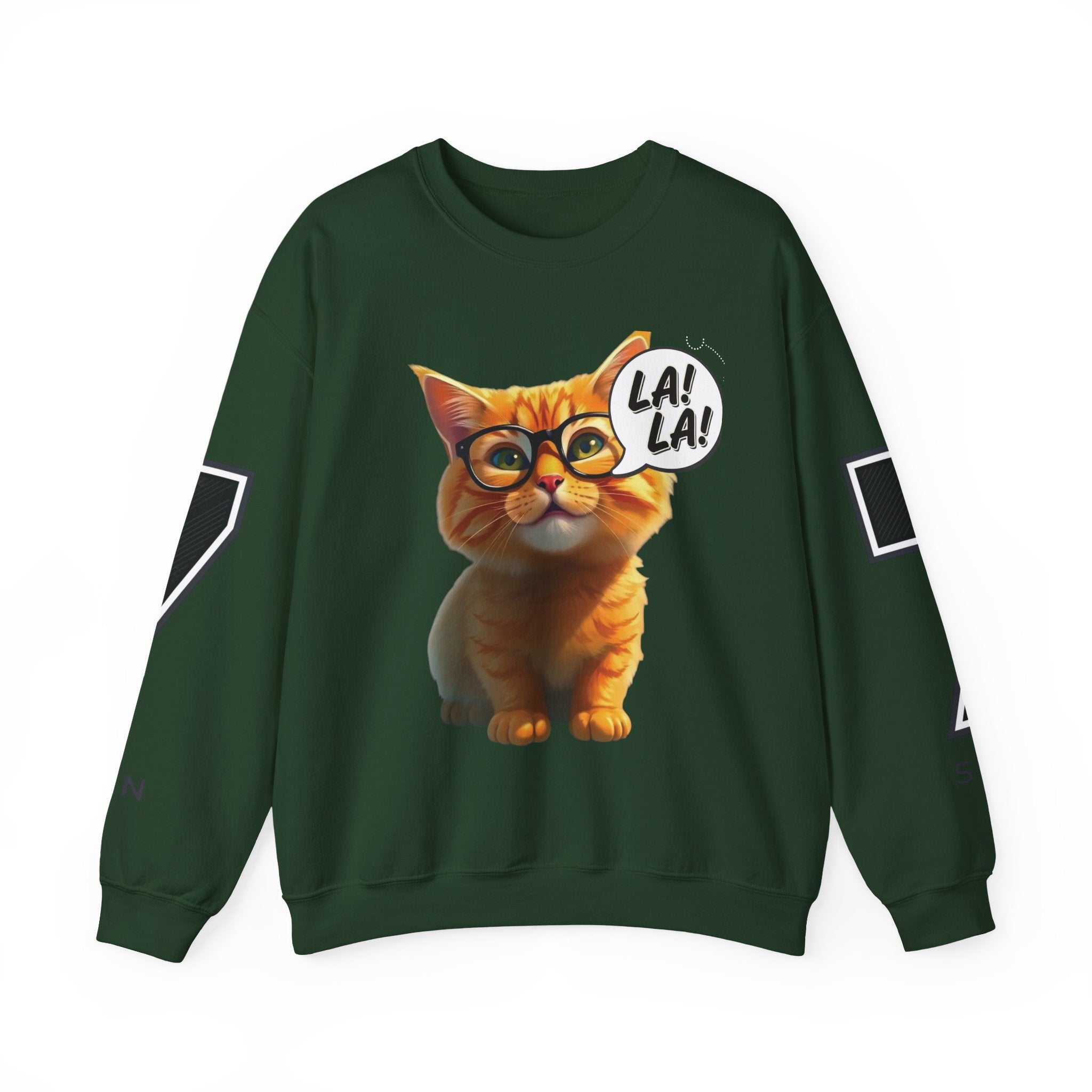 Cat Graphic Sweatshirt — Cute Orange Kitty with 'LA! LA!' Speech Bubble & Lion Crest Back