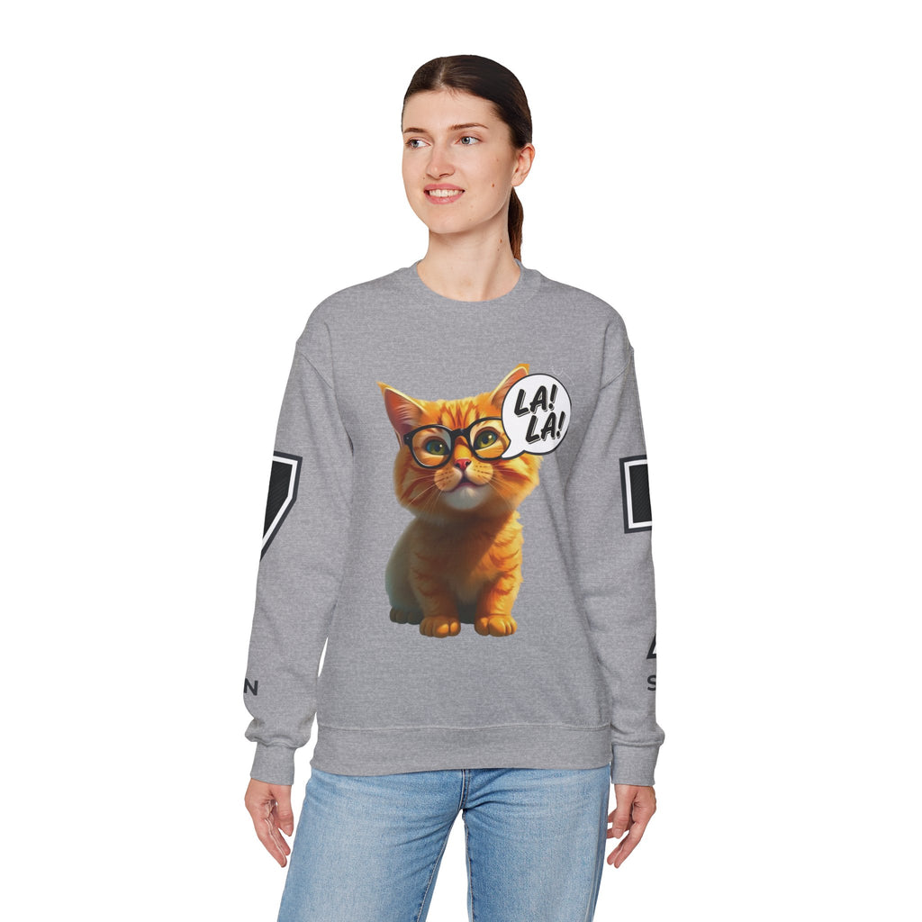 Cat Graphic Sweatshirt — Cute Orange Kitty with 'LA! LA!' Speech Bubble & Lion Crest Back