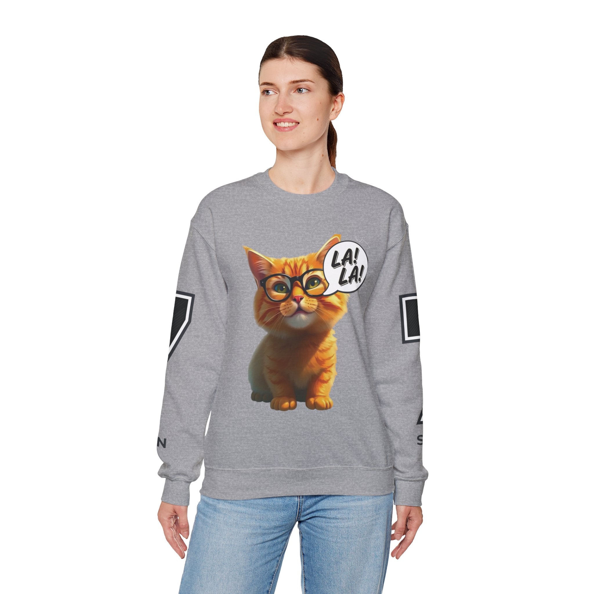 Cat Graphic Sweatshirt — Cute Orange Kitty with 'LA! LA!' Speech Bubble & Lion Crest Back