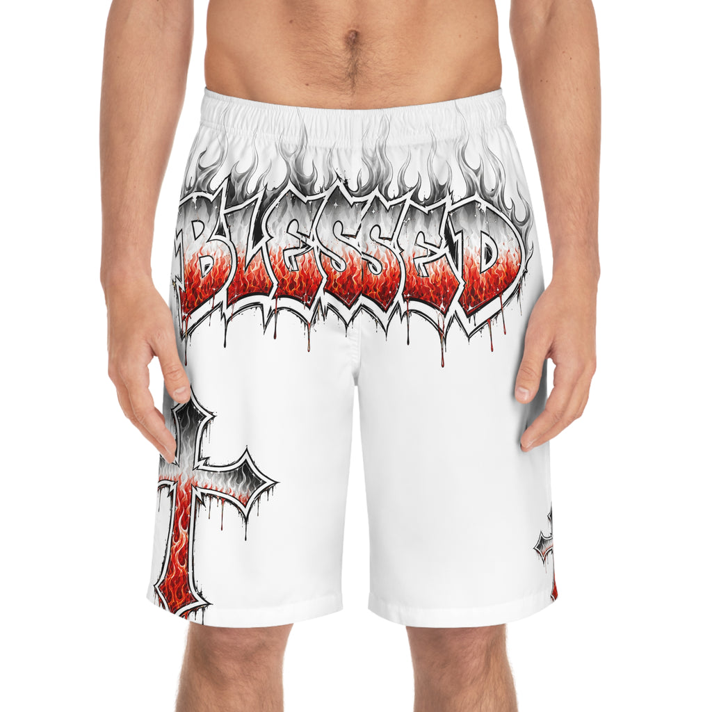 Blessed Flames Board Shorts — Religious Cross Graphic Swim Trunks