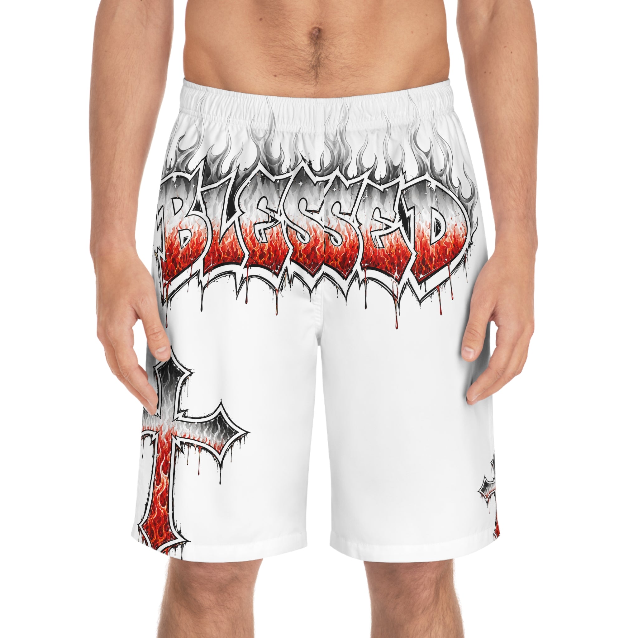 Blessed Flames Board Shorts — Religious Cross Graphic Swim Trunks