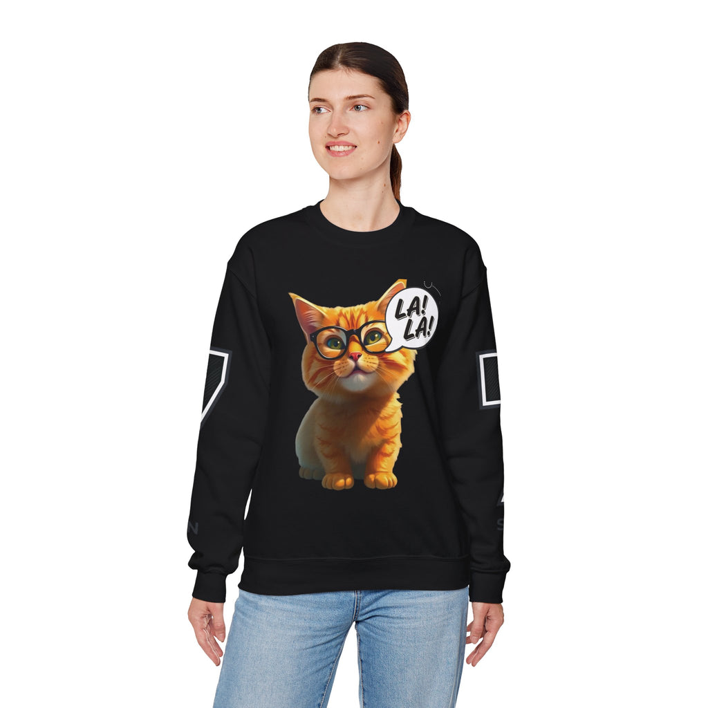 Cat Graphic Sweatshirt — Cute Orange Kitty with 'LA! LA!' Speech Bubble & Lion Crest Back
