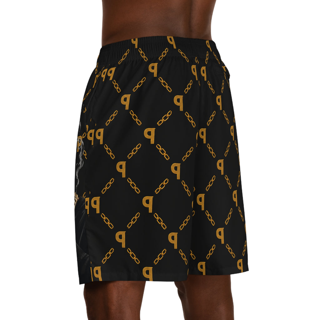 Men's Jogger Shorts — Luxe Streetwear 'Prime' Gold Chain Pattern & Smoking Portrait
