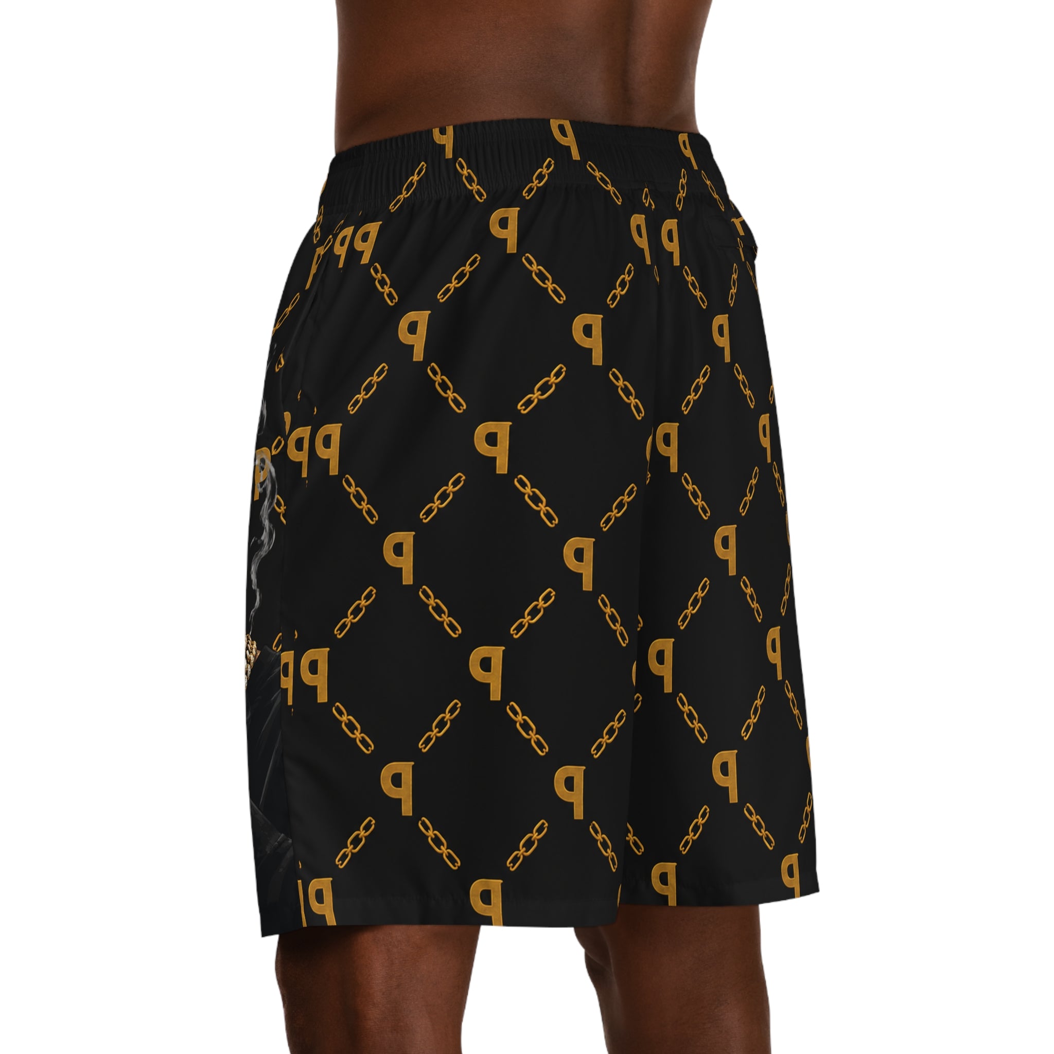 Men's Jogger Shorts — Luxe Streetwear 'Prime' Gold Chain Pattern & Smoking Portrait