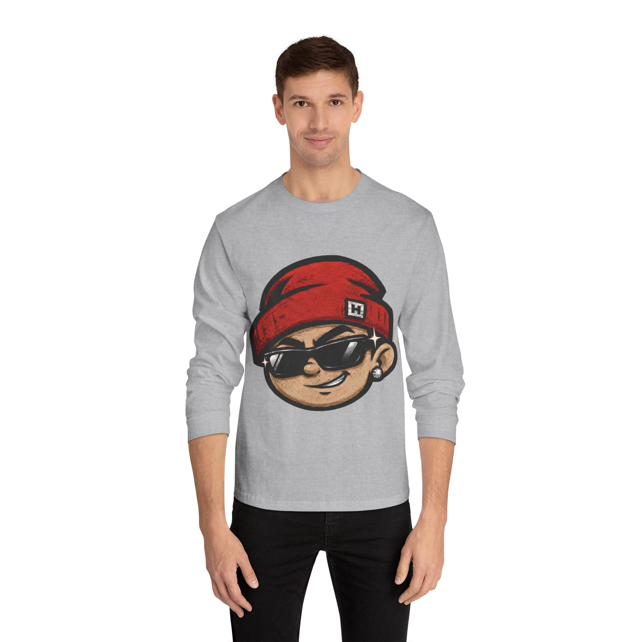 Streetwear Smiley Face Long Sleeve T-Shirt — Red Beanie Cool Kid Graphic