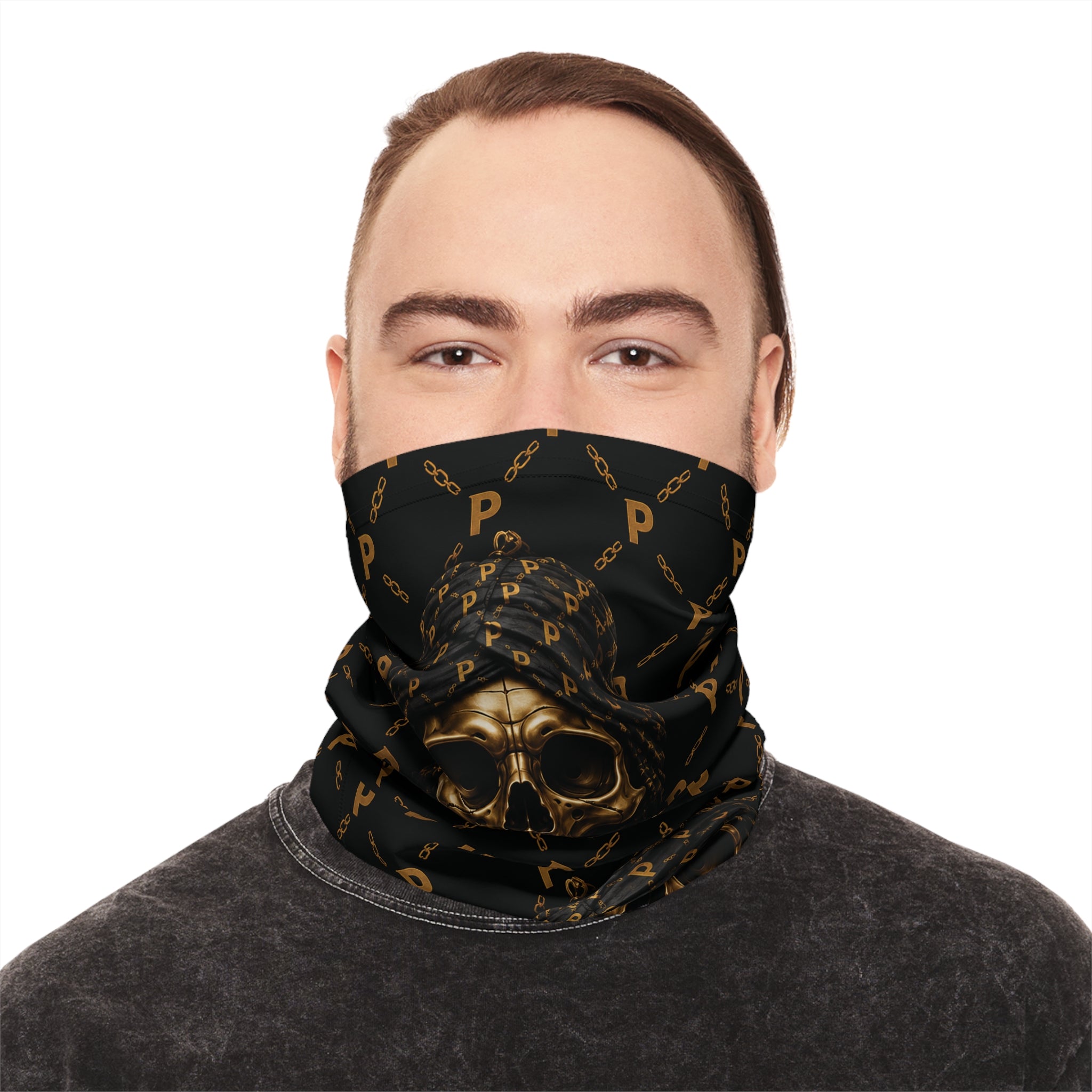 Skull Luxe Neck Gaiter — Gold Monogram Pirate Skull Face Mask
