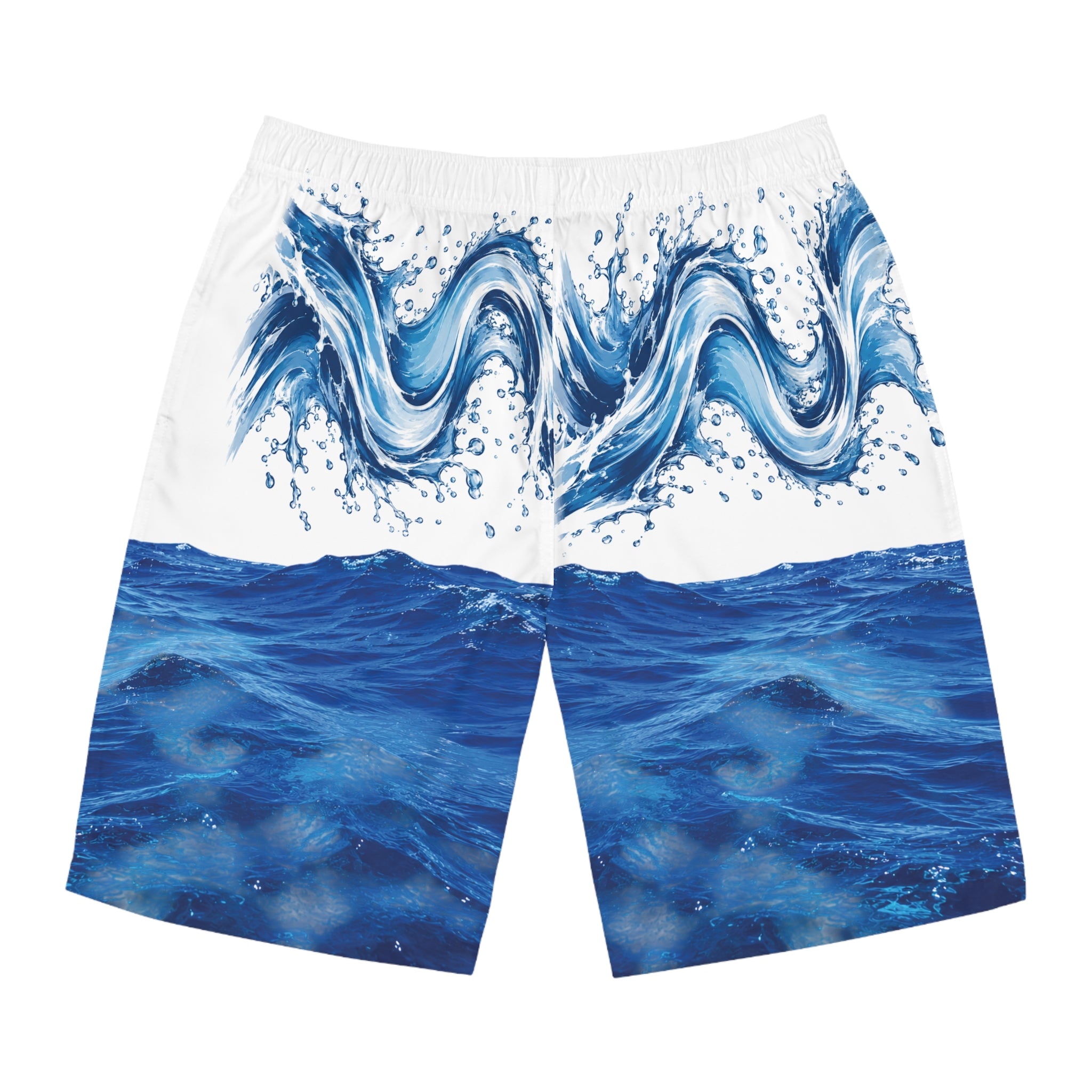 Men's Ocean Wave Board Shorts — Blue Surf Print Swim Trunks
