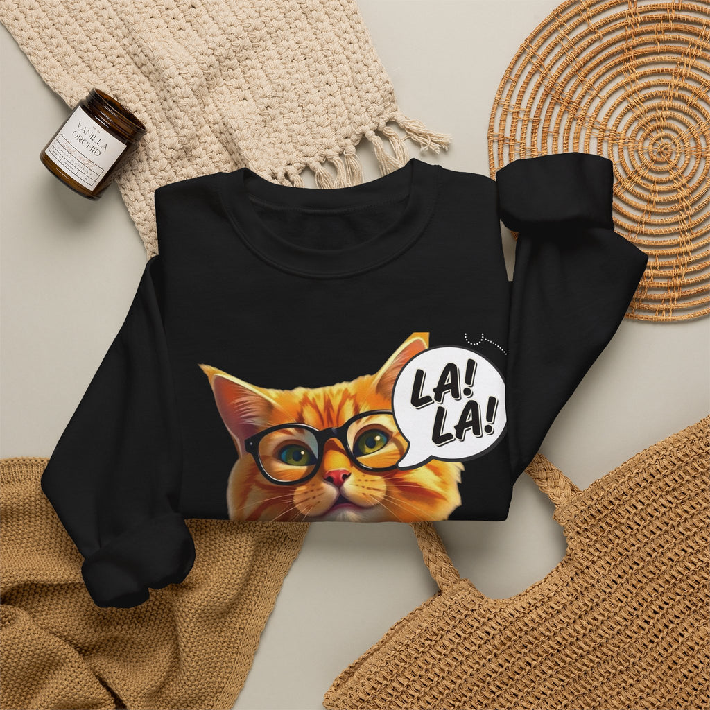 Cat Graphic Sweatshirt — Cute Orange Kitty with 'LA! LA!' Speech Bubble & Lion Crest Back