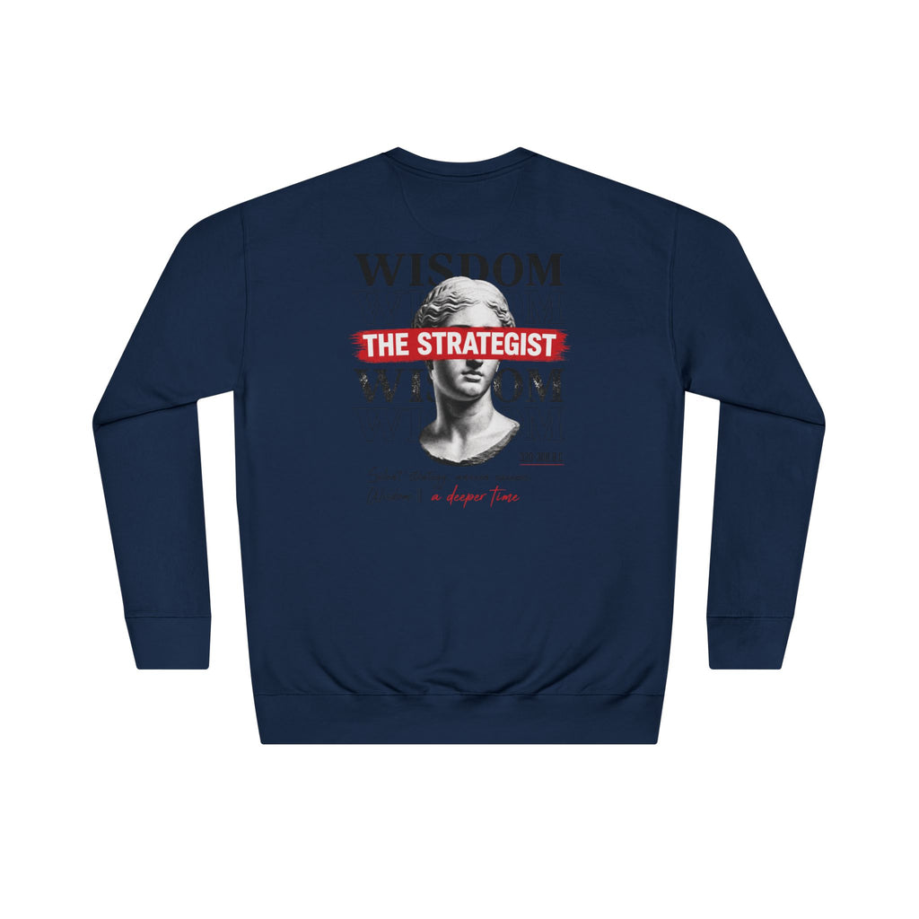 Strategist Crewneck Sweatshirt — Retro Classical Bust Graphic with 'The Strategist' Text