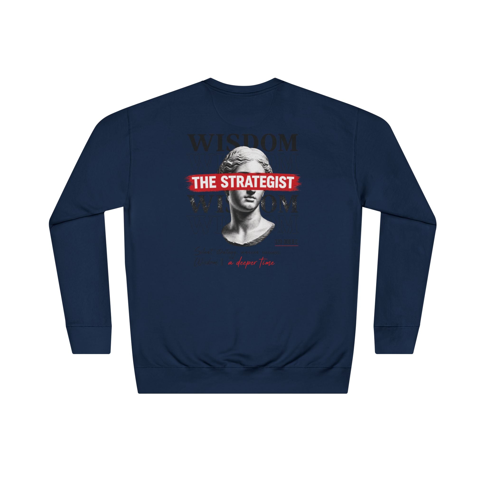 Strategist Crewneck Sweatshirt — Retro Classical Bust Graphic with 'The Strategist' Text
