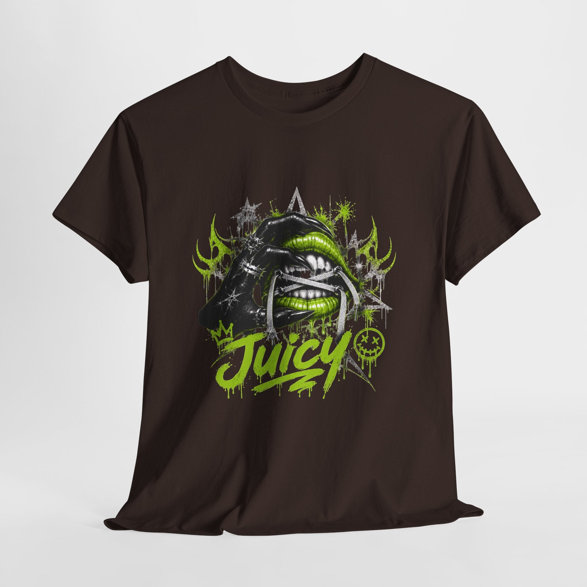 Juicy Graffiti Tee — Neon Green Street Art Graphic T-Shirt