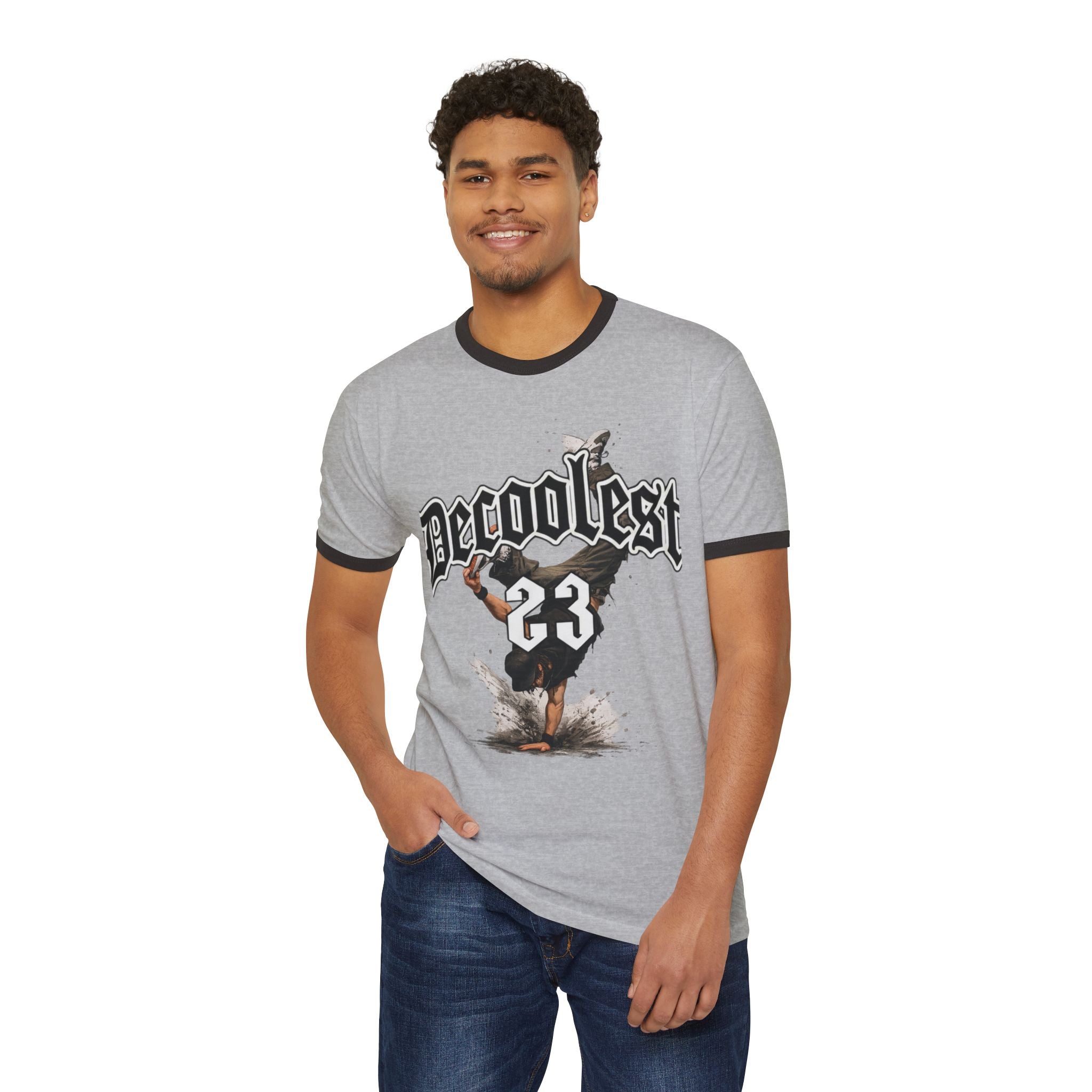 Ringer T-Shirt — 'Decoolest 23' Breakdancer Graphic with Lion Crest Back