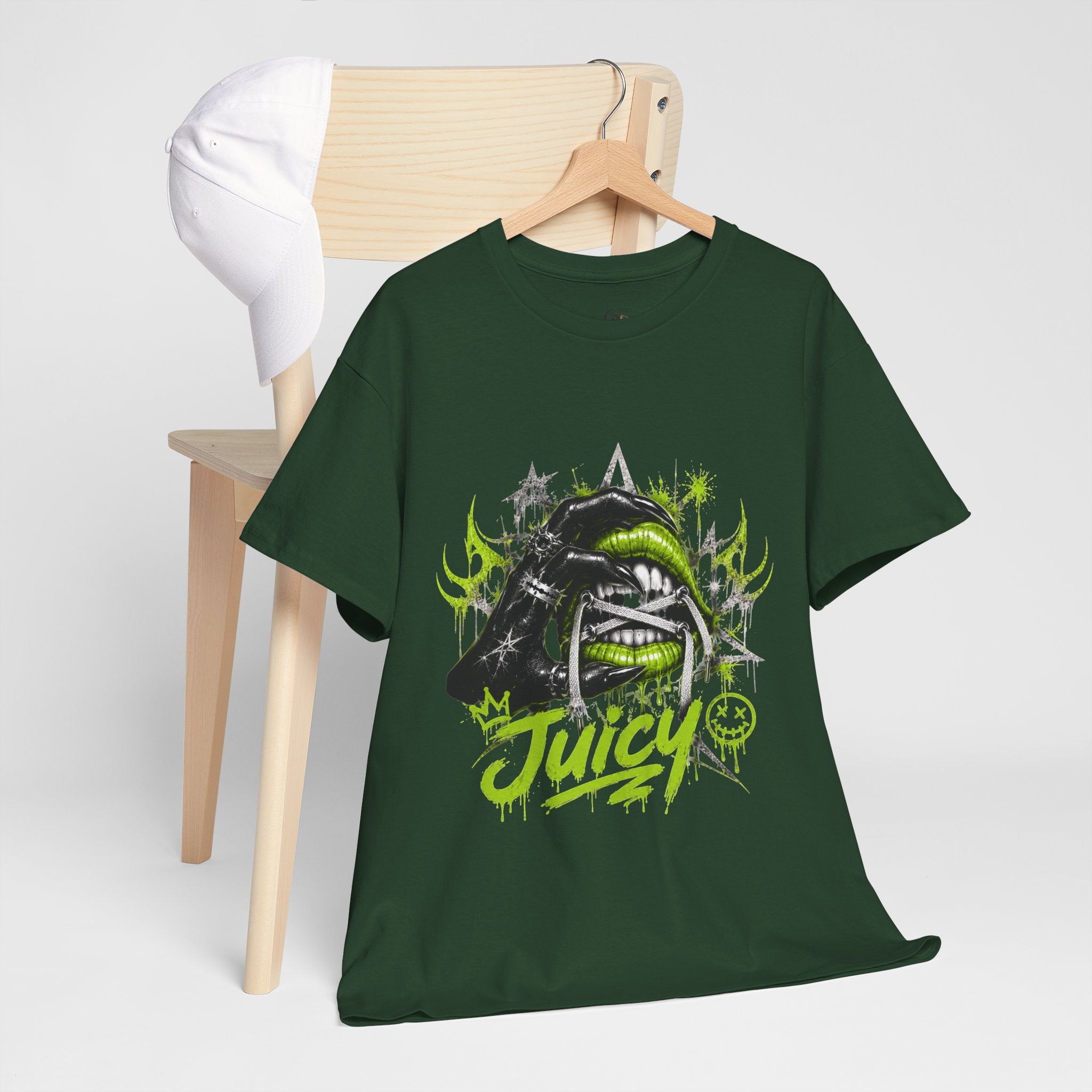 Juicy Graffiti Tee — Neon Green Street Art Graphic T-Shirt