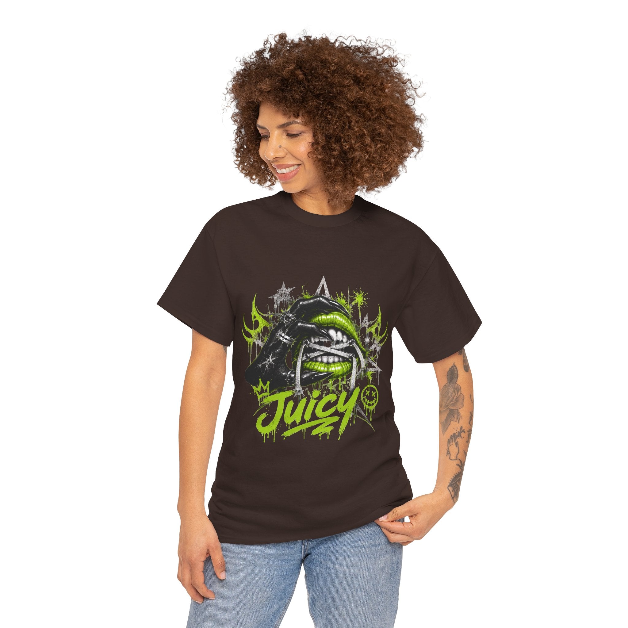 Juicy Graffiti Tee — Neon Green Street Art Graphic T-Shirt