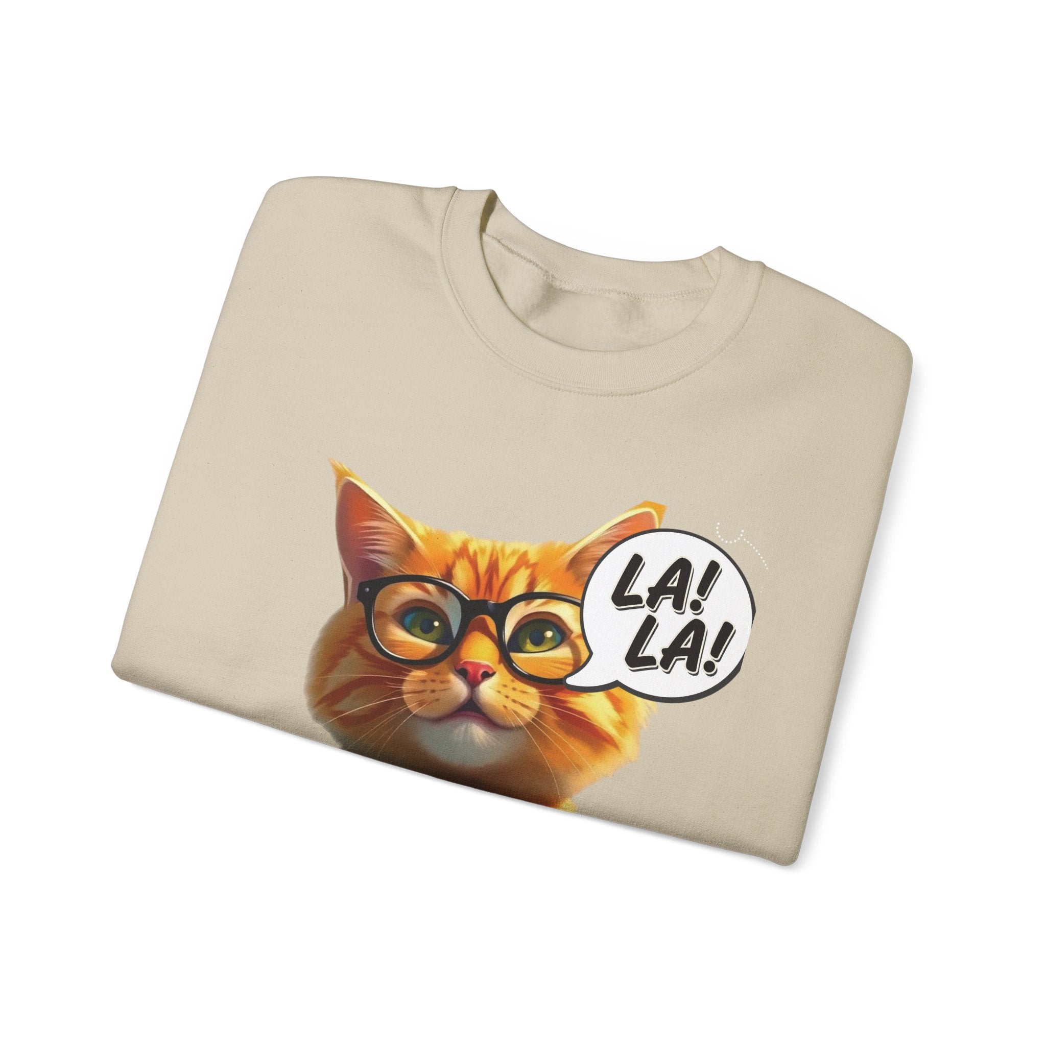 Cat Graphic Sweatshirt — Cute Orange Kitty with 'LA! LA!' Speech Bubble & Lion Crest Back
