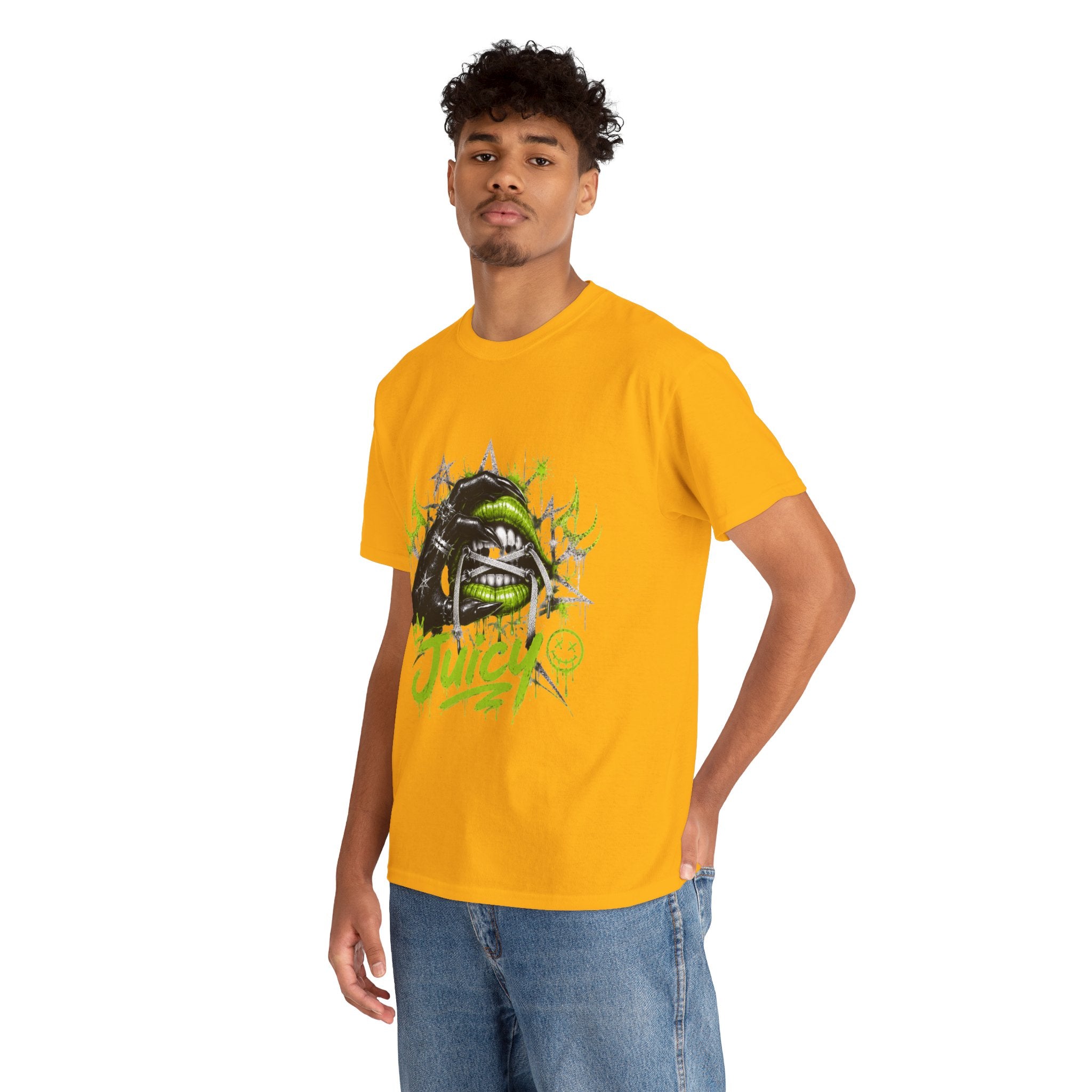 Juicy Graffiti Tee — Neon Green Street Art Graphic T-Shirt