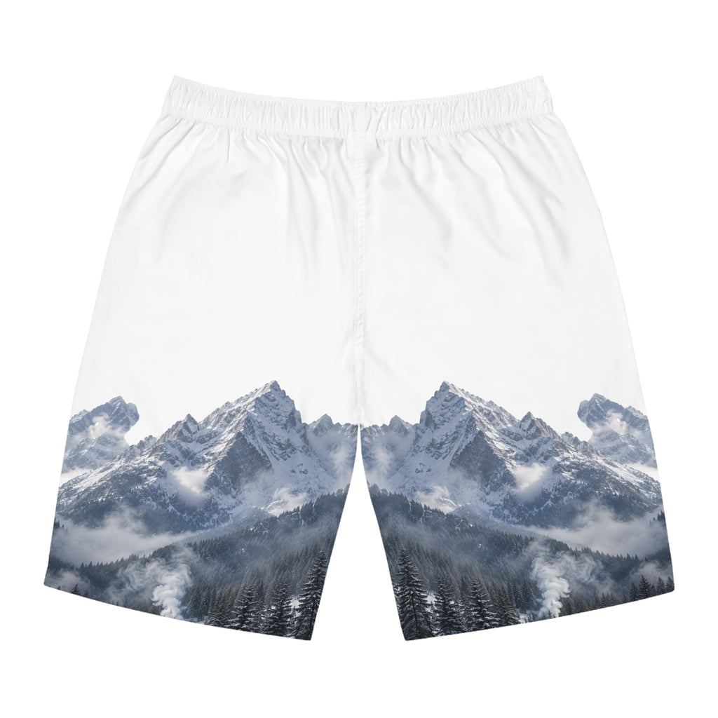 Board Shorts — 'Move Forward' Mountain Graphic Swim Trunks