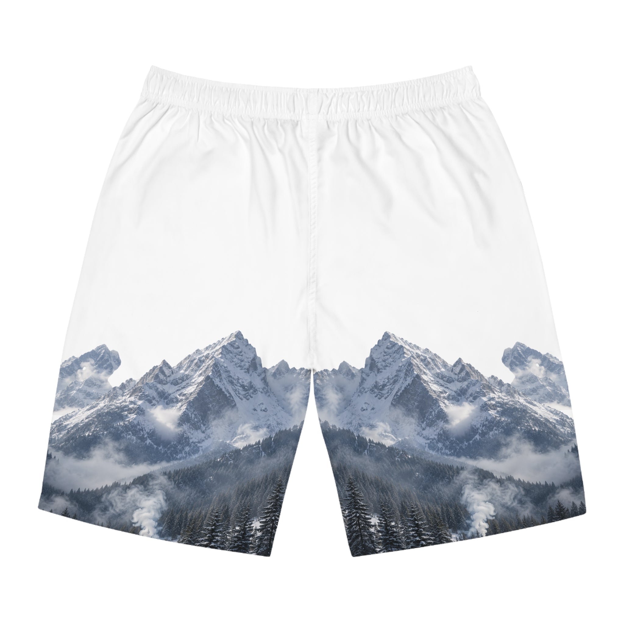 Board Shorts — 'Move Forward' Mountain Graphic Swim Trunks