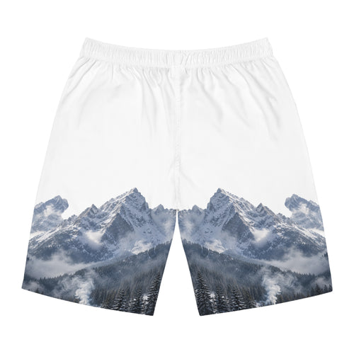 Board Shorts — 'Move Forward' Mountain Graphic Swim Trunks