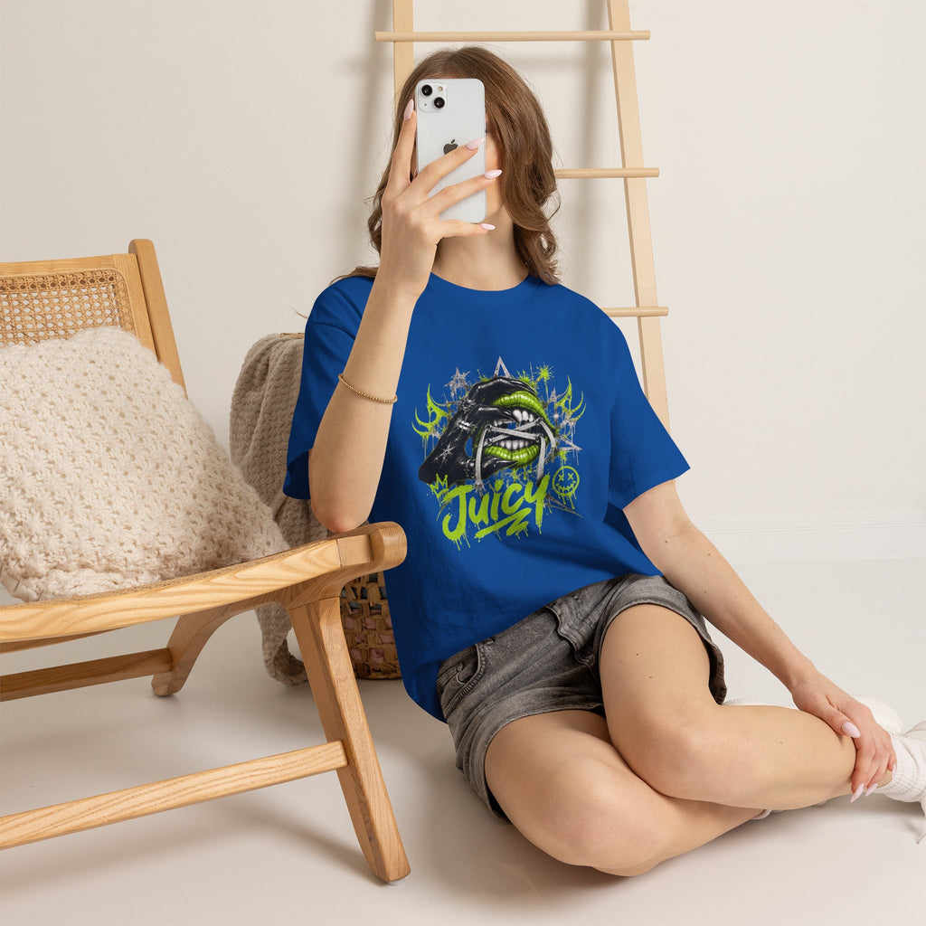 Juicy Graffiti Tee — Neon Green Street Art Graphic T-Shirt