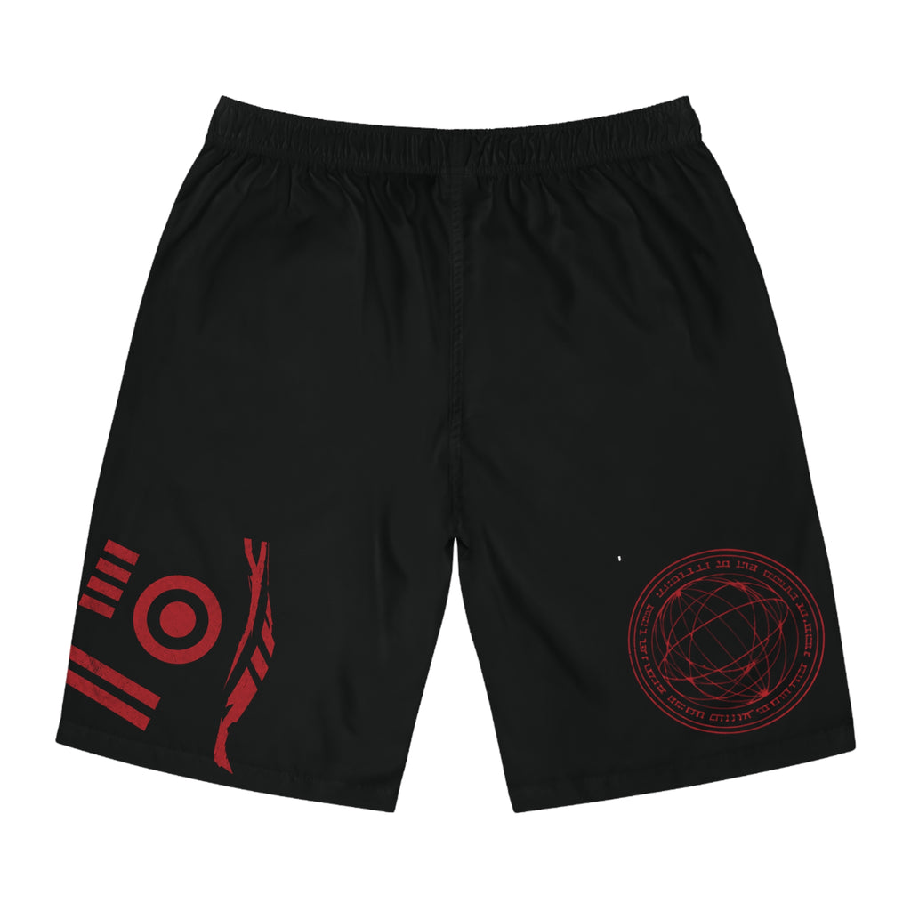 Forever Young Graphic Board Shorts — Men's Black Red Gothic Swim Trunks