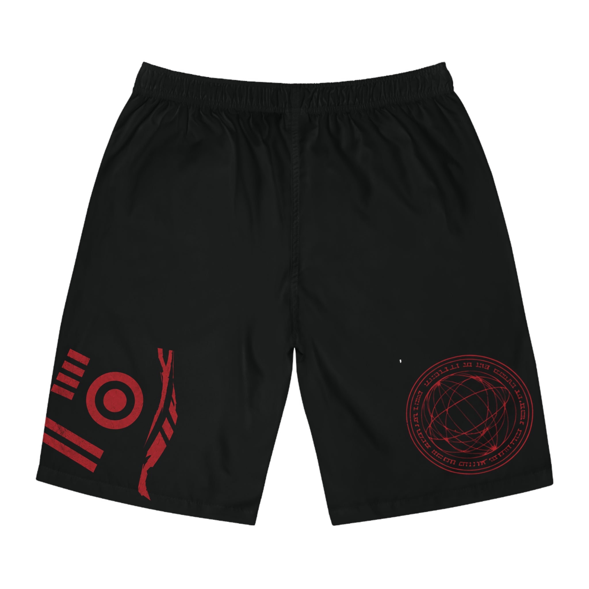 Forever Young Graphic Board Shorts — Men's Black Red Gothic Swim Trunks