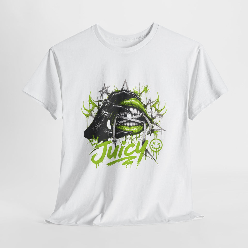 Juicy Graffiti Tee — Neon Green Street Art Graphic T-Shirt