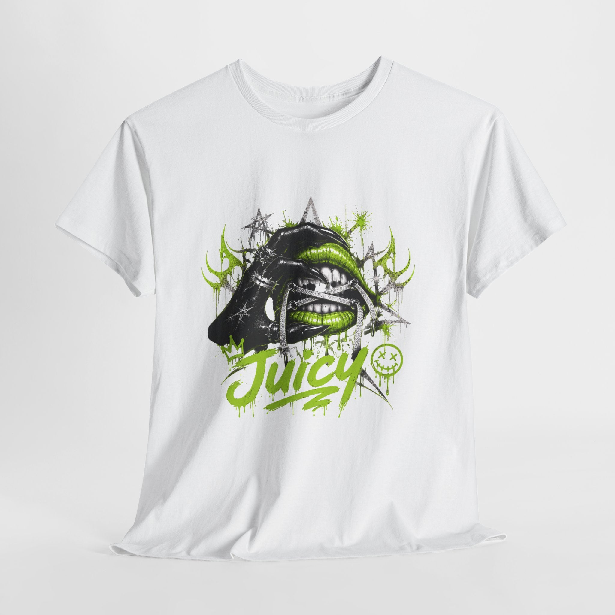 Juicy Graffiti Tee — Neon Green Street Art Graphic T-Shirt