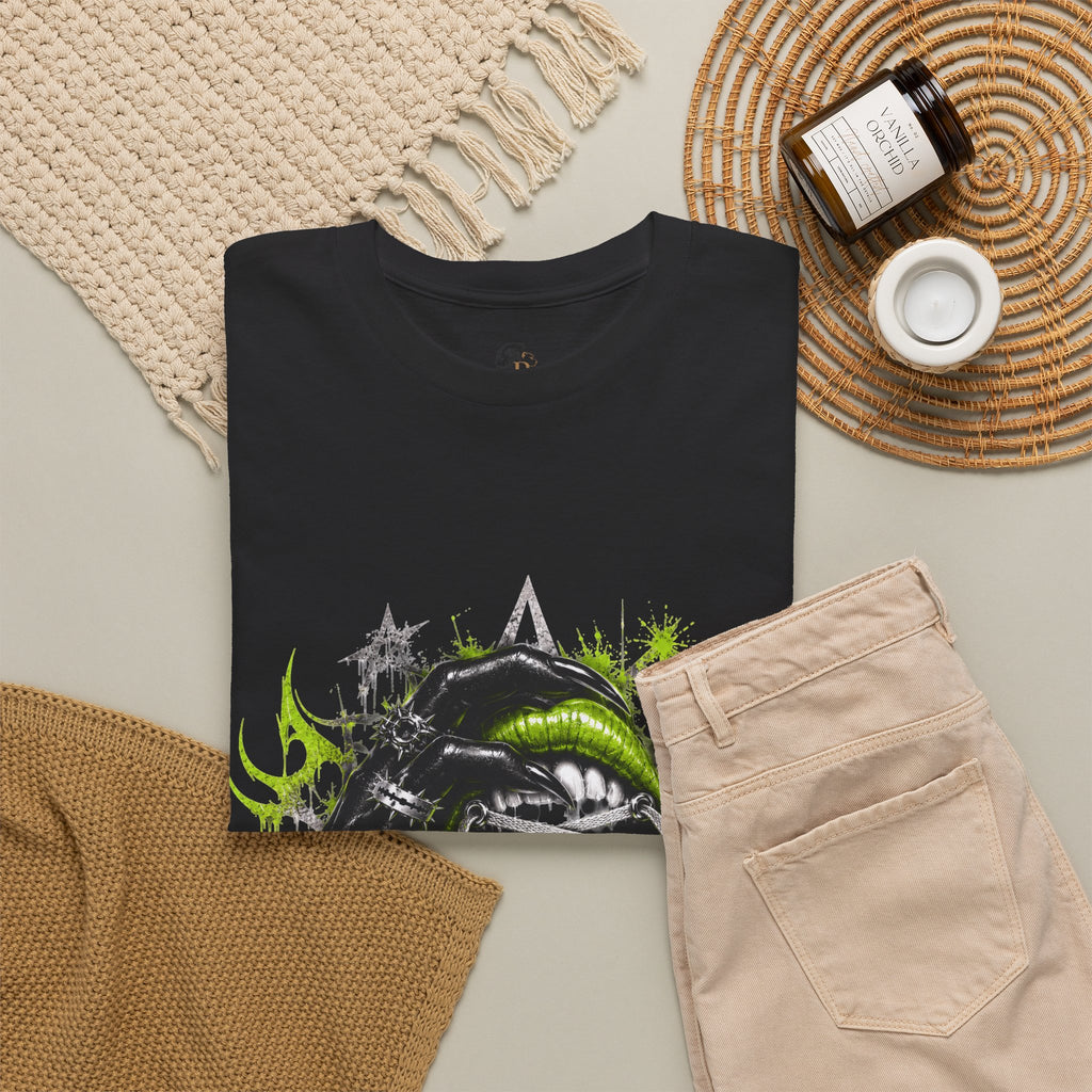 Juicy Graffiti Tee — Neon Green Street Art Graphic T-Shirt