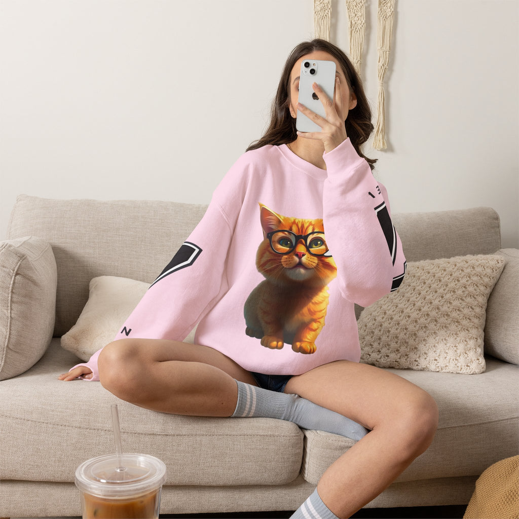 Cat Graphic Sweatshirt — Cute Orange Kitty with 'LA! LA!' Speech Bubble & Lion Crest Back