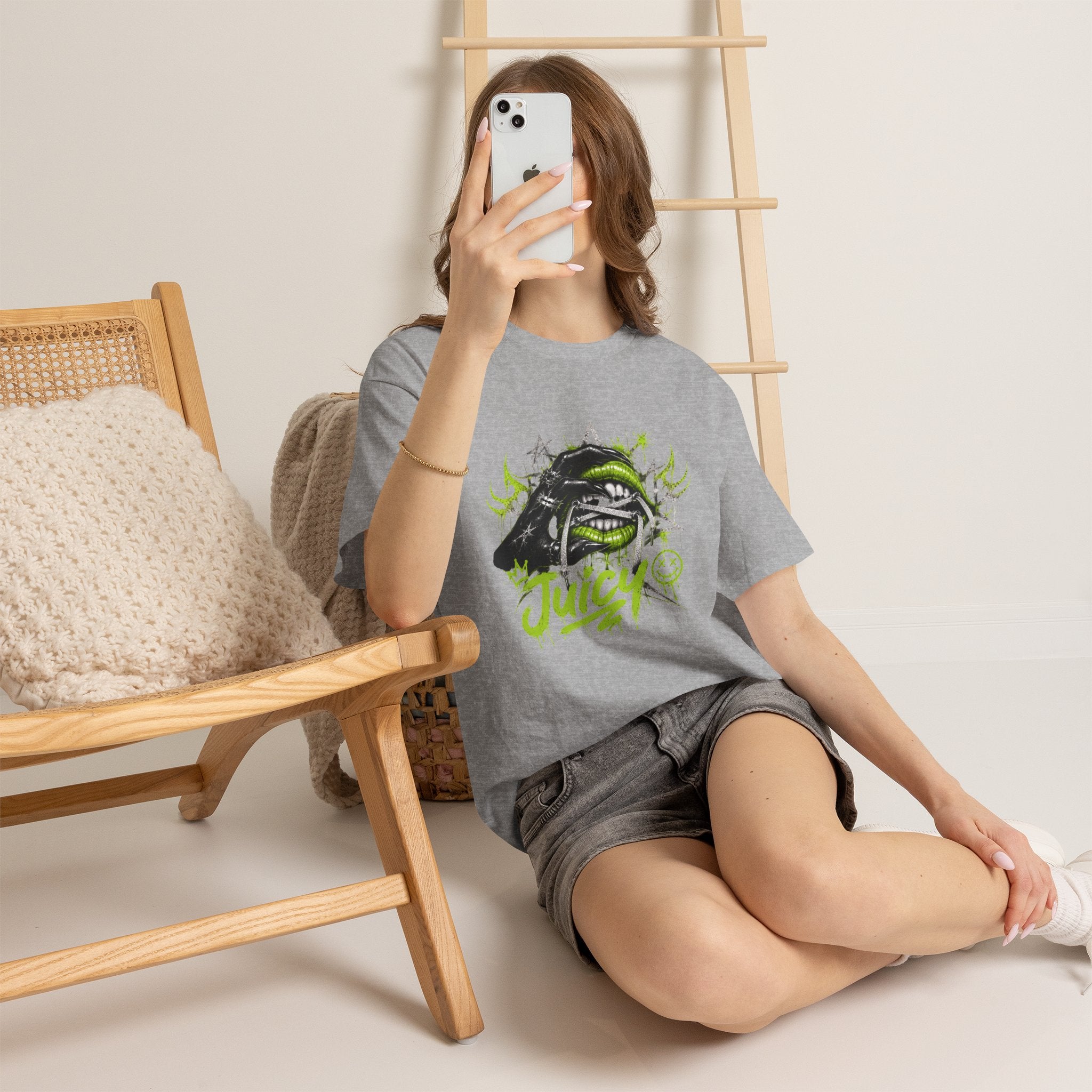 Juicy Graffiti Tee — Neon Green Street Art Graphic T-Shirt
