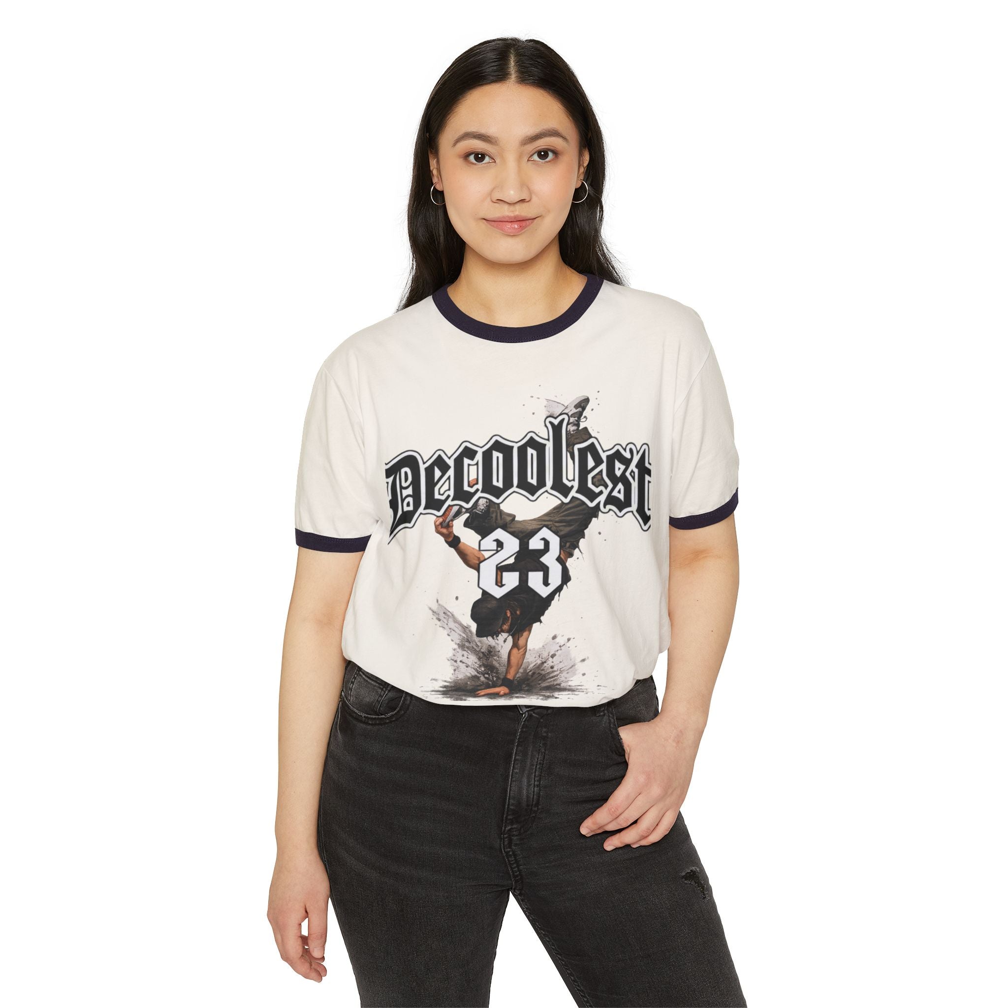 Ringer T-Shirt — 'Decoolest 23' Breakdancer Graphic with Lion Crest Back