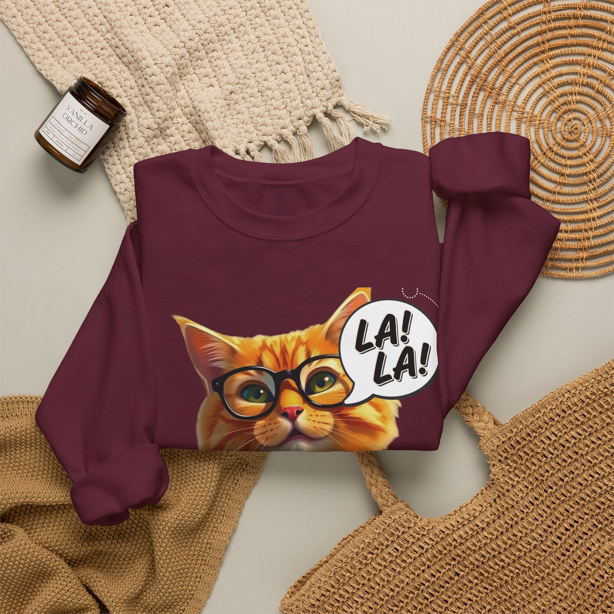 Cat Graphic Sweatshirt — Cute Orange Kitty with 'LA! LA!' Speech Bubble & Lion Crest Back