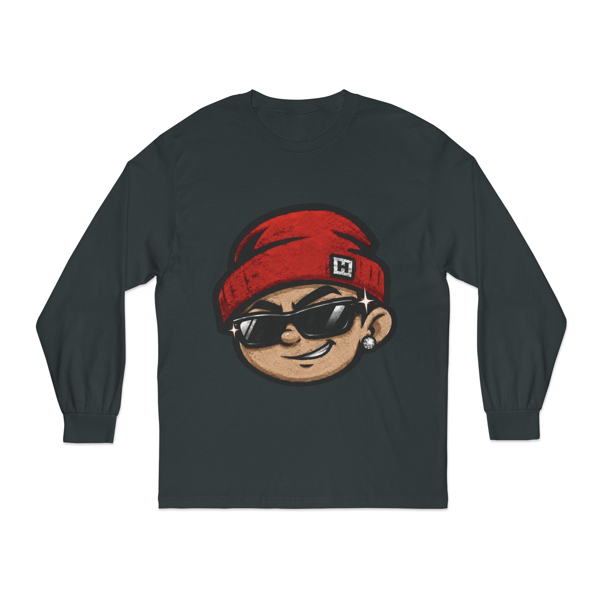 Streetwear Smiley Face Long Sleeve T-Shirt — Red Beanie Cool Kid Graphic