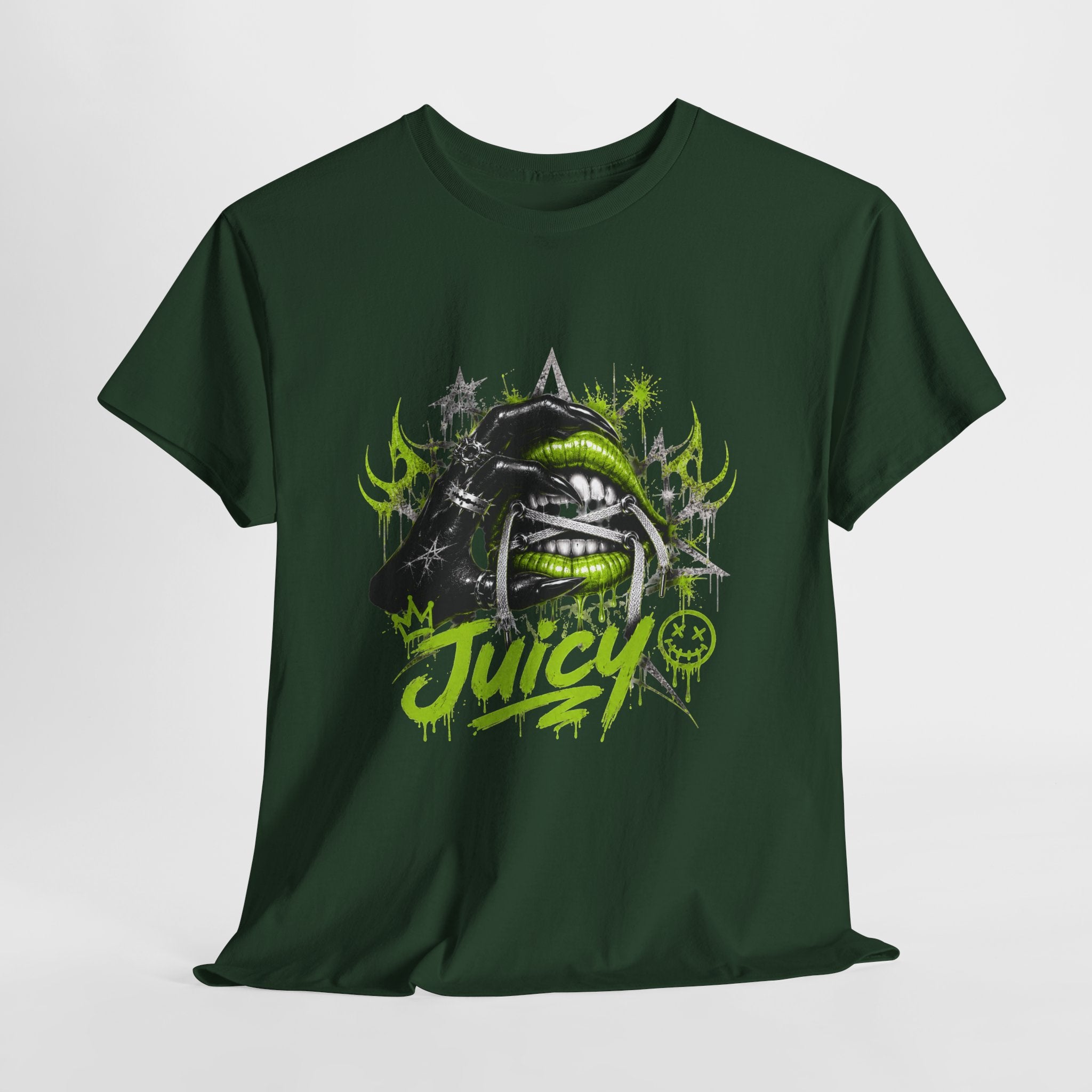 Juicy Graffiti Tee — Neon Green Street Art Graphic T-Shirt