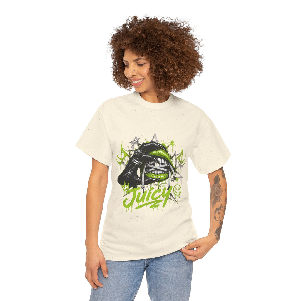 Juicy Graffiti Tee — Neon Green Street Art Graphic T-Shirt